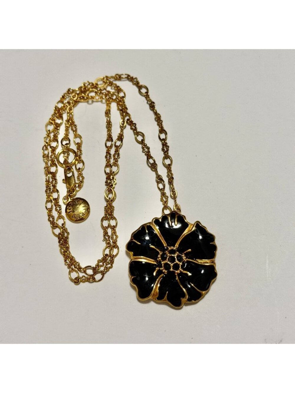 J. Crew Black Enamel Gold Flower 1.5" Pendant Necklace on Fine Chain 14" Drop